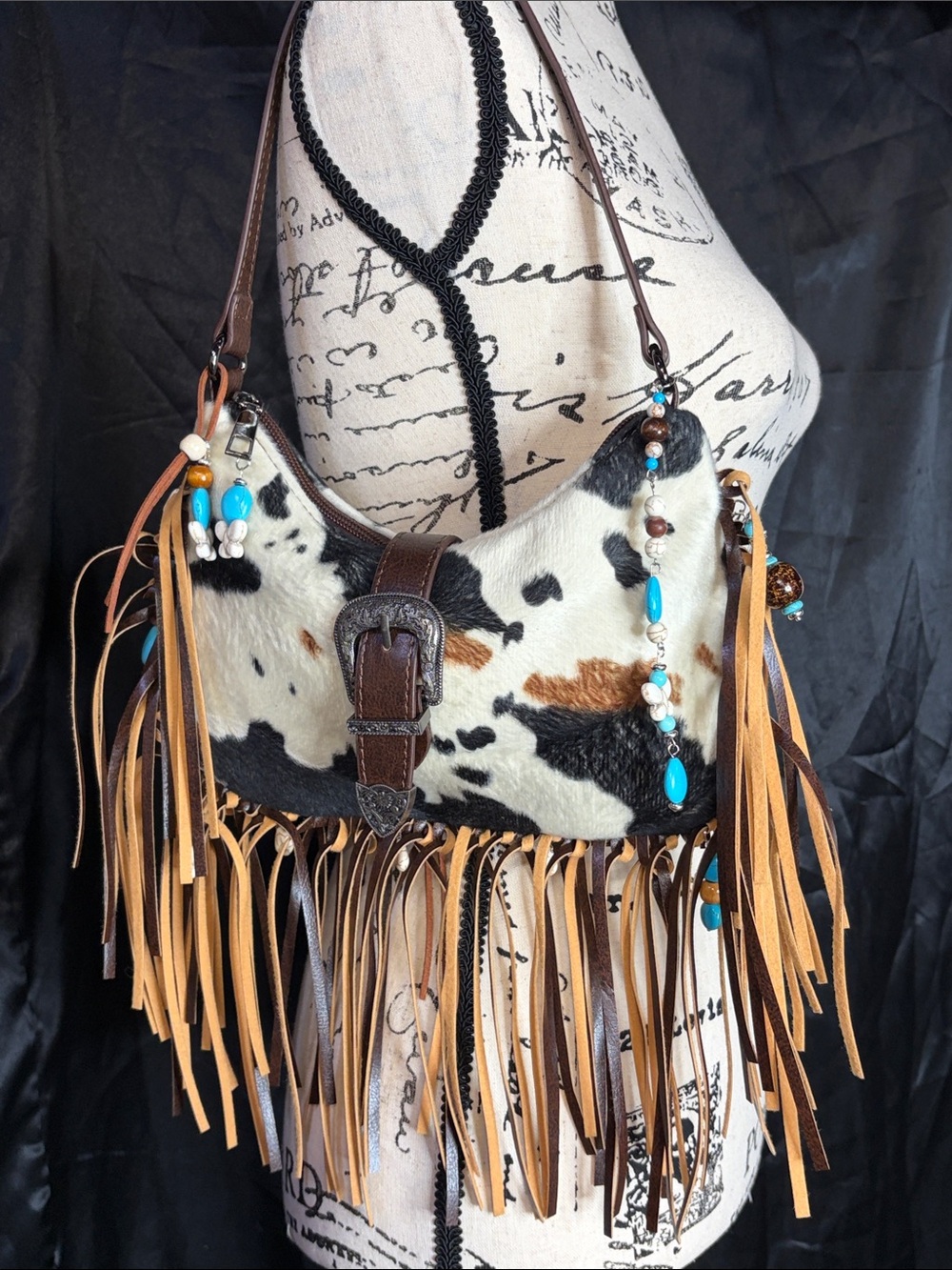 Handcrafted Southwestern Fringe Cowhide Purse 🤎 Turquoise Howlite + Wood Beads